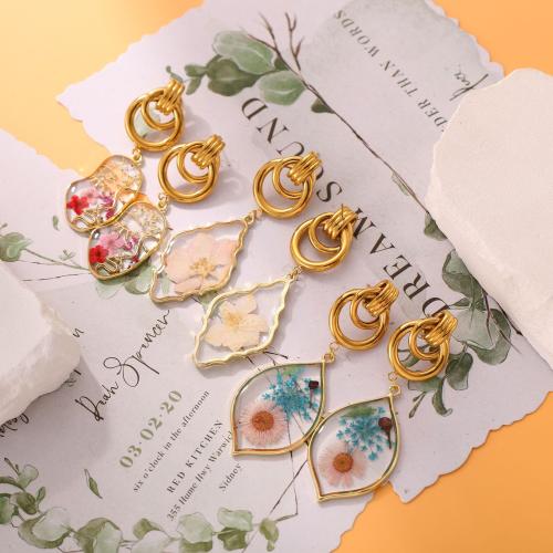 304 Stainless Steel Drop Earring with Dried Flower & Resin plated & for woman & enamel Sold By Pair