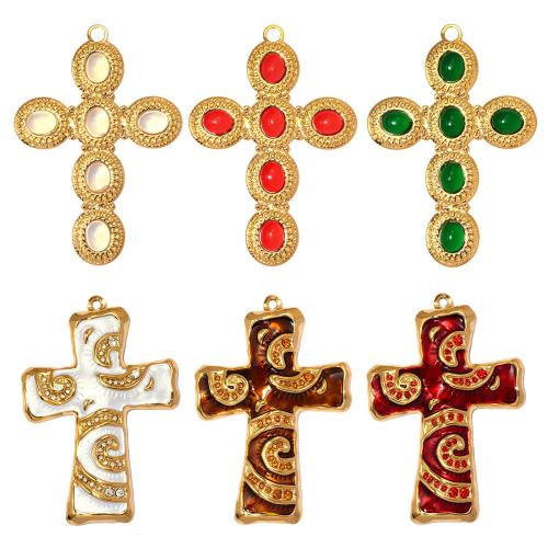 Stainless Steel Cross Pendants 304 Stainless Steel with Gemstone gold color plated DIY & enamel & with rhinestone Sold By Bag