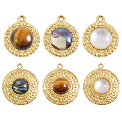 Gemstone Pendants Jewelry 304 Stainless Steel with Gemstone & Shell Round plated DIY Sold By Bag