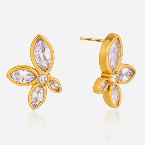 Stainless Steel Stud Earrings with Cubic Zirconia & Plastic Pearl 18K gold plated fashion jewelry & for woman Sold By Pair