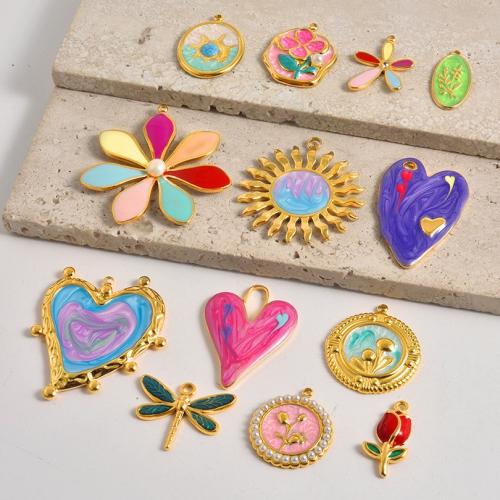 Rustfrit stål smykker Vedhæng, 304 rustfrit stål, med Plastic Pearl, forgyldt, du kan DIY & forskellige stilarter for valg & emalje, Solgt af PC