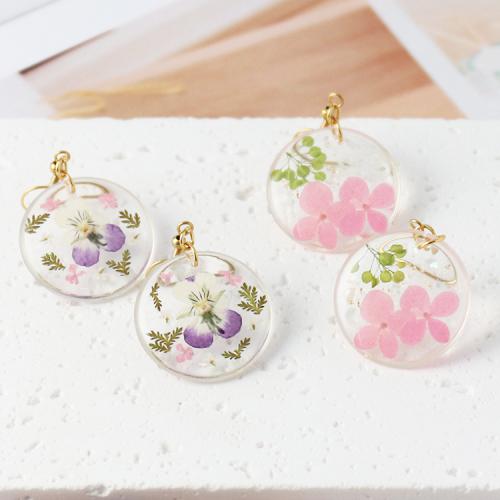 Hars Drop Earring, met Gedroogde bloem & 304 roestvrij staal, Rond plat, epoxy sticker, mode sieraden & voor vrouw, meer kleuren voor de keuze, 27x50mm, Verkocht door pair
