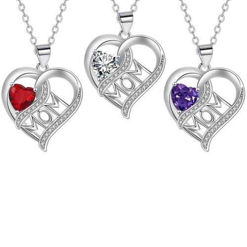 Brass Necklace with 5cm extender chain Heart plated Mother Day Jewelry & micro pave cubic zirconia & for woman Length Approx 45 cm Sold By PC