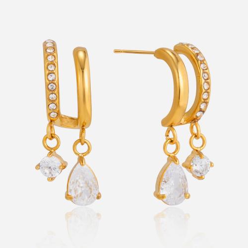 Stainless Steel Drop Earring with Cubic Zirconia 18K gold plated & for woman Sold By Pair