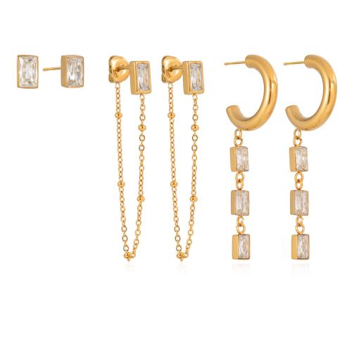 Orecchino di goccia in acciaio inox, with cubico zircone, placcato color oro, 6 pezzi & per la donna, nessuno, 3Pairspaio/set, Venduto da set