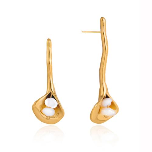 Brincos de pérolas de água doce, aço inoxidável, with Pérolas de água doce, 18K banhado a ouro, para mulher, branco, vendido por par