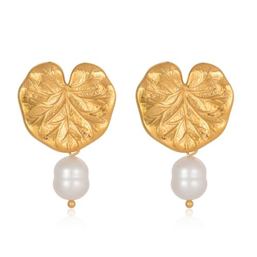 Orecchini perle d'acquadolci , acciaio inox, with perla d'acquadolce coltivata naturalmente, Foglia di loto, placcato color oro, per la donna, bianco, 22.70x33.90mm, Venduto da coppia