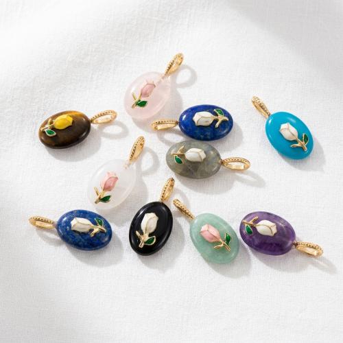 Gemstone Pendants Jewelry with Brass Flat Oval DIY & with flower pattern & enamel Sold By PC