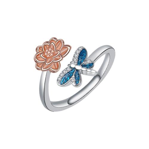 Brass Cuff Finger Ring Flower plated Mother Day Jewelry & for woman & enamel & with rhinestone US Ring Sold By PC