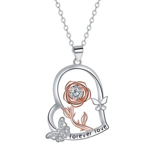 cobre colar, with 5cm extender chain, Coração, banhado, Dia das Mães Jóias & com padrão de flores & para mulher & com strass, comprimento Aprox 45 cm, vendido por PC