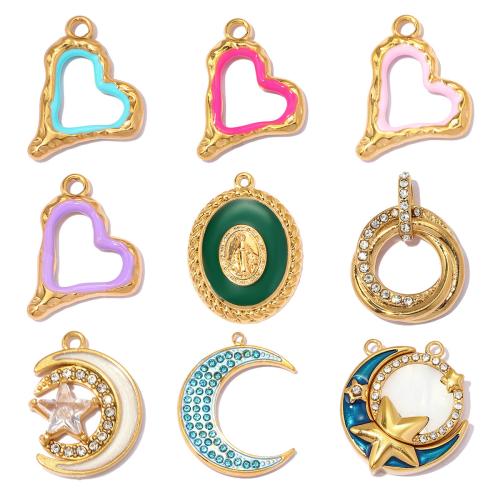 Stainless Steel Pendants 304 Stainless Steel with Shell gold color plated DIY & enamel & with rhinestone Sold By Bag