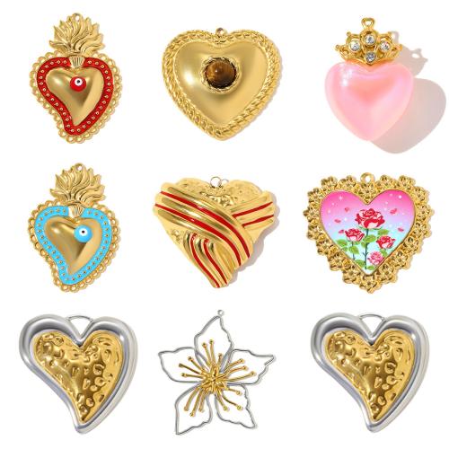 Stainless Steel Heart Pendants 304 Stainless Steel with Gemstone & Resin plated DIY & enamel & with rhinestone Sold By Bag