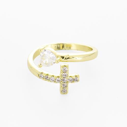 Mässing Cuff finger ring, Cross, guldfärg pläterade, micro bana cubic zirconia & för kvinna, Säljs av PC