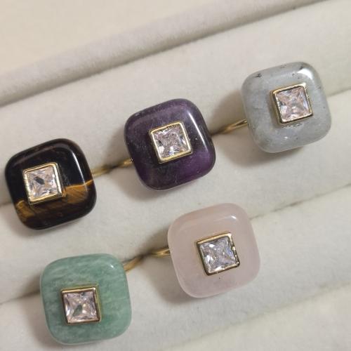Piedras preciosas Anillo de dedo Cuff, con metal, Cuadrado, chapado en color dorado, diferentes materiales para la opción & micro arcilla de zirconia cúbica & para mujer, Vendido por UD