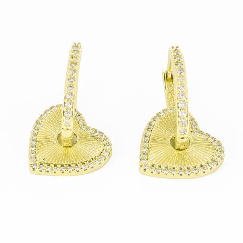 Messing Huggie Hoop Drop Earring, Heart, guldfarve belagt, Micro Pave cubic zirconia & for kvinde, Solgt af par