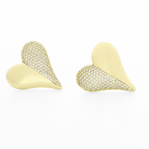 Messing Stud Earring, Heart, guldfarve belagt, Micro Pave cubic zirconia & for kvinde, Solgt af par
