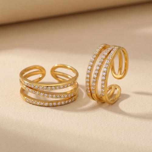 Cyrkonia stali nierdzewnej Ring Finger, Stal nierdzewna 304, regulowany & mikro utorować cyrkonia & dla kobiety, złoty, 17x9mm, sprzedane przez PC