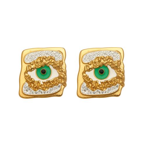 Stainless Steel Stud Earrings with Rhinestone Clay Pave gold color plated for woman Sold By Pair