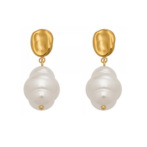 Rustfrit stål Drop ørering, Stainless Steel, med Plastic Pearl, guldfarve belagt, for kvinde, hvid, 13x35mm, Solgt af par