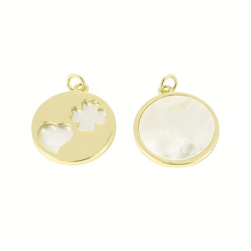 Wisior z naturalnej białej muszli, Mosiądz, ze Muszla biała, Płaskie koło, Platerowane w kolorze złota, DIY & pusty, 26x21x2mm, sprzedane przez PC