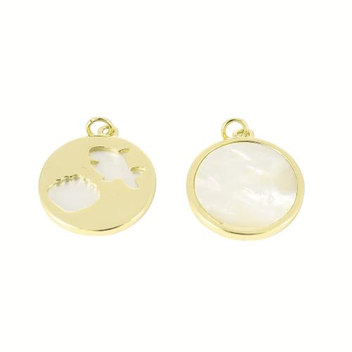 Wisior z naturalnej białej muszli, Mosiądz, ze Muszla biała, Płaskie koło, Platerowane w kolorze złota, DIY & pusty, 26x21x2mm, sprzedane przez PC