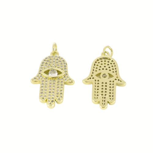 Messing hanger met micro-paved kubieke zirconia's, Hamsa, gold plated, DIY & micro pave zirconia, 28x16x3mm, Verkocht door PC