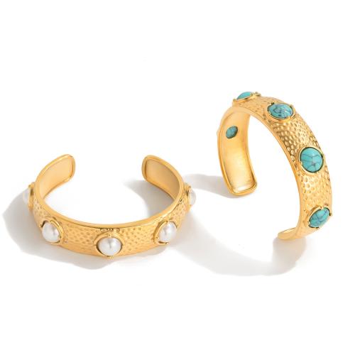 304 Stainless Steel Cuff náramek, s tyrkysový & Sladkovodní Pearl, barva pozlacený, módní šperky & pro ženy, více barev na výběr, Vnitřní průměr:Cca 60mm, Prodáno By PC