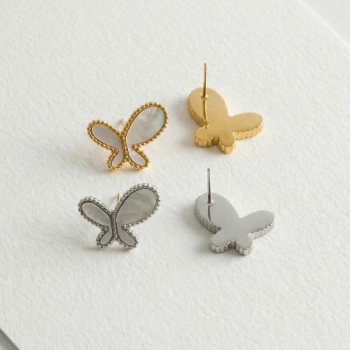 Orecchini in acciaio inossidabile, acciaio inox, with bianco conchiglia, Farfalla, placcato, gioielli di moda & per la donna, nessuno, 18x14mm, Venduto da coppia