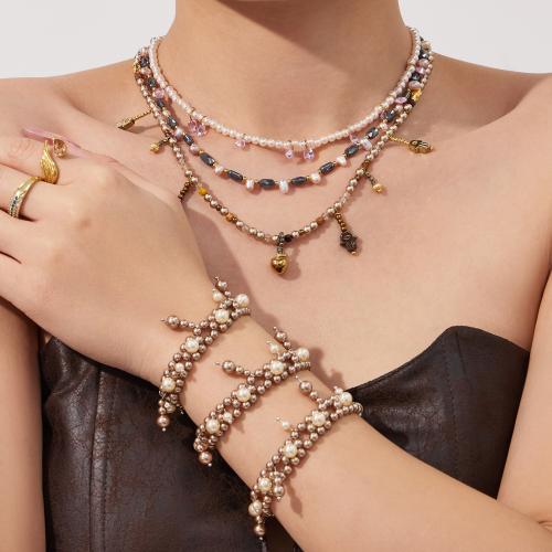 Gemstone Ékszerek, Stainless Steel, -val Drágakő & Műanyag Pearl, galvanizált, divat ékszerek & különböző stílusokat a választás & a nő, több színt a választás, Által értékesített Strand