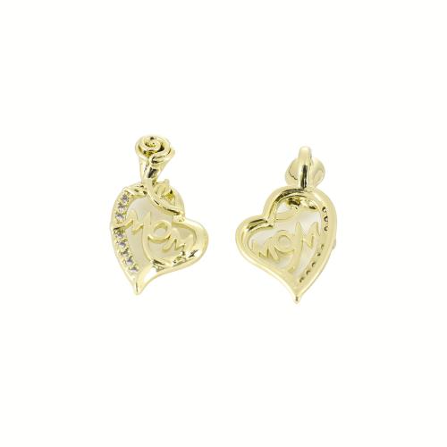 Befestigter Zirkonia Messing Anhänger, Herz, goldfarben plattiert, DIY & mit Brief Muster & Micro pave Zirkonia & hohl, 22x12x7mm, verkauft von PC