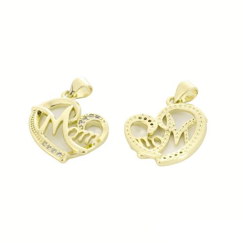 Befestigter Zirkonia Messing Anhänger, Herz, goldfarben plattiert, DIY & mit Brief Muster & Micro pave Zirkonia & hohl, 26x19x2mm, verkauft von PC