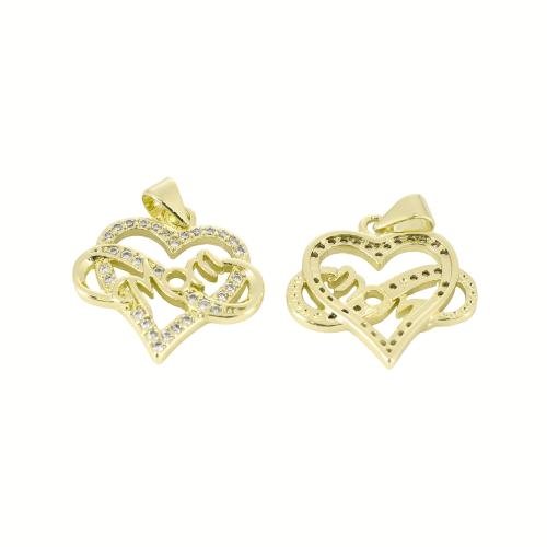Befestigter Zirkonia Messing Anhänger, Herz, goldfarben plattiert, DIY & mit Brief Muster & Micro pave Zirkonia, 24x20x3mm, verkauft von PC