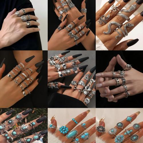 Sinc Alloy Ring Socraigh, le turquoise, plátáilte, seanré & unisex & stíleanna éagsúla do rogha & cruan, Díolta De réir Socraigh