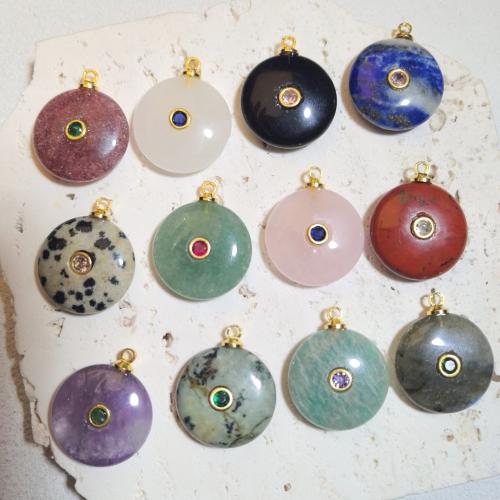 Gemstone Vedhæng Smykker, Ædelsten, Flad Rund, du kan DIY & forskellige materialer til valg & Micro Pave cubic zirconia, 20mm, Solgt af PC