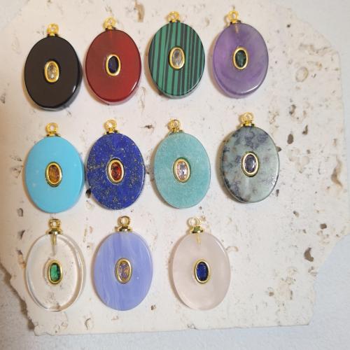 Gemstone Vedhæng Smykker, Ædelsten, Flad Oval, du kan DIY & forskellige materialer til valg & Micro Pave cubic zirconia, 18x24mm, Solgt af PC