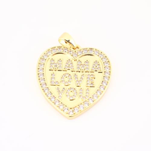 Cubic Zirconia Micro Pave Brass Pendant Heart gold color plated DIY & with letter pattern & micro pave cubic zirconia Sold By PC