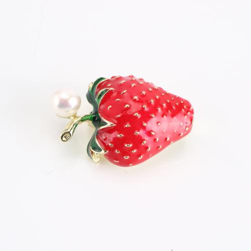 Zinc Alloy Brooch with Freshwater Pearl Strawberry gold color plated for woman & enamel Sold By PC