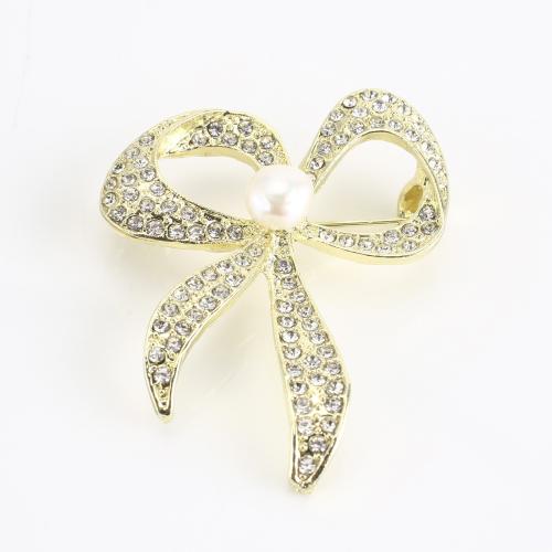 Sinc Alloy Dealg, le Pearl Fionnuisce, Bowknot, dath an óir plated, do bhean & le rhinestone, 49x38x13mm, Díolta De réir PC