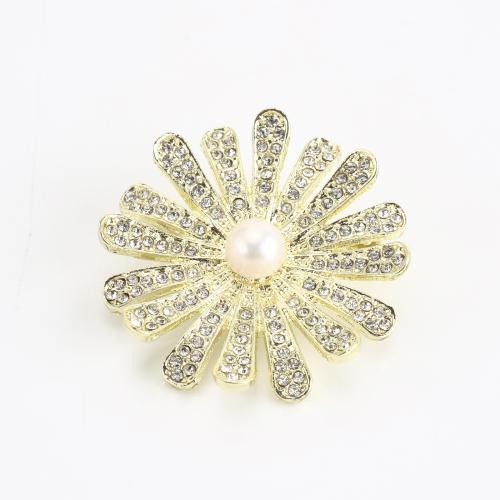 lega in zinco spilla, with perla d'acquadolce coltivata naturalmente, Fiore, placcato color oro, per la donna & con strass, 36x36x17mm, Venduto da PC