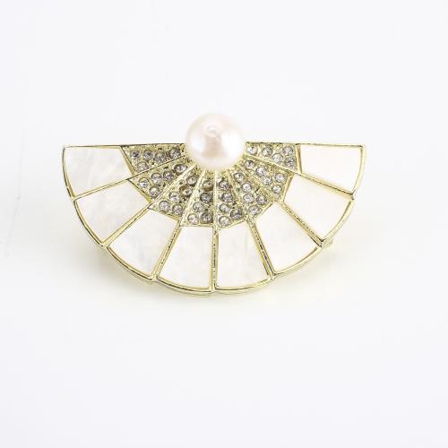 lega in zinco spilla, with perla d'acquadolce coltivata naturalmente, Ventaglio, placcato color oro, per la donna & con strass, 40x22x13mm, Venduto da PC