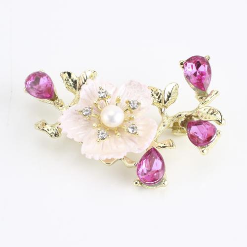 lega in zinco spilla, with perla d'acquadolce coltivata naturalmente, Fiore, placcato color oro, per la donna & con strass, 35x54x15mm, Venduto da PC
