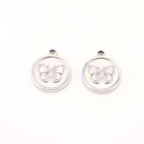 Stainless Steel Animal Pendants 304 Stainless Steel Flat Round DIY & with butterfly pattern original color Sold By Lot