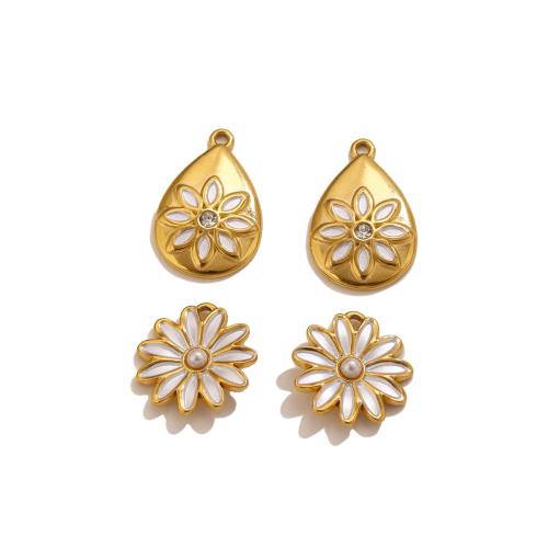 Stainless Steel Pendants 304 Stainless Steel with Plastic Pearl Flower gold color plated DIY & enamel & with rhinestone Sold By PC