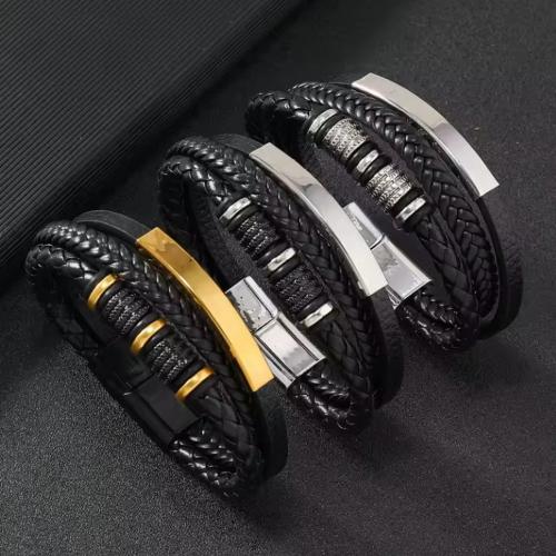 PU Armbånd, med Zinc Alloy, tre lag & Vintage & for mennesket, flere farver til valg, Længde Ca. 21 cm, Solgt af PC