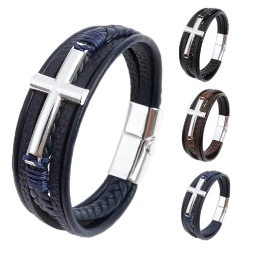 PU Armbånd, med Zinc Alloy, Kryds, forgyldt, Vintage & flerlags & for mennesket, flere farver til valg, Længde Ca. 21.5 cm, Solgt af PC