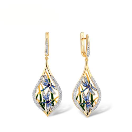 Messing Drop Earring, Leaf, guldfarve belagt, Micro Pave cubic zirconia & for kvinde & emalje & hule, 20x61mm, Hole:Ca. 1.5mm, Solgt af par