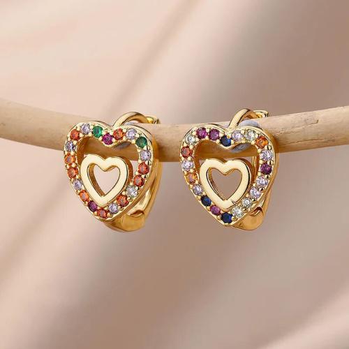 Brass Huggie Hoop Earring Heart plated micro pave cubic zirconia & for woman & hollow Sold By Pair