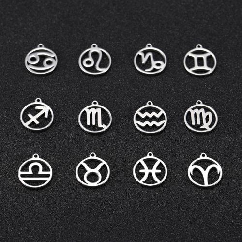 Costellazione dell'acciaio inossidabile Pendente, 304 acciaio inox, 12 Segni zodiacali, DIY & stili diversi per la scelta & cavo, colore originale, 10.80x13.50mm, 12PC/borsa, Venduto da borsa