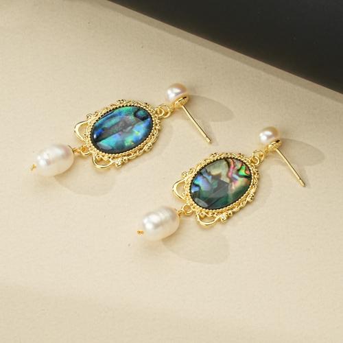 metal Pendientes con Colgantes, con Nácar de Abulón & Perlas cultivadas de agua dulce, chapado en color dorado, Joyería & para mujer, 40mm, Vendido por Par