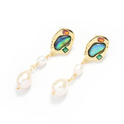 metal Pendientes con Colgantes, con Nácar de Abulón & Perlas cultivadas de agua dulce, chapado en color dorado, Joyería & para mujer, 48.10mm, Vendido por Par